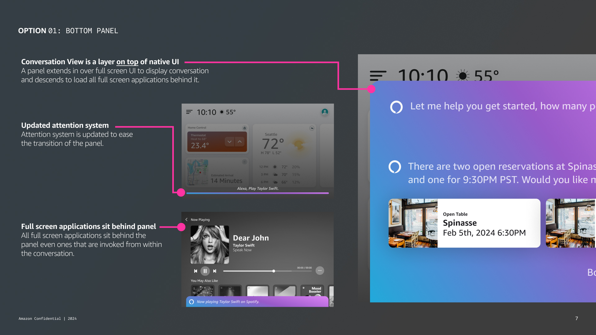 Alexa+ Option 01: Bottom Panel concept with conversation view annotations