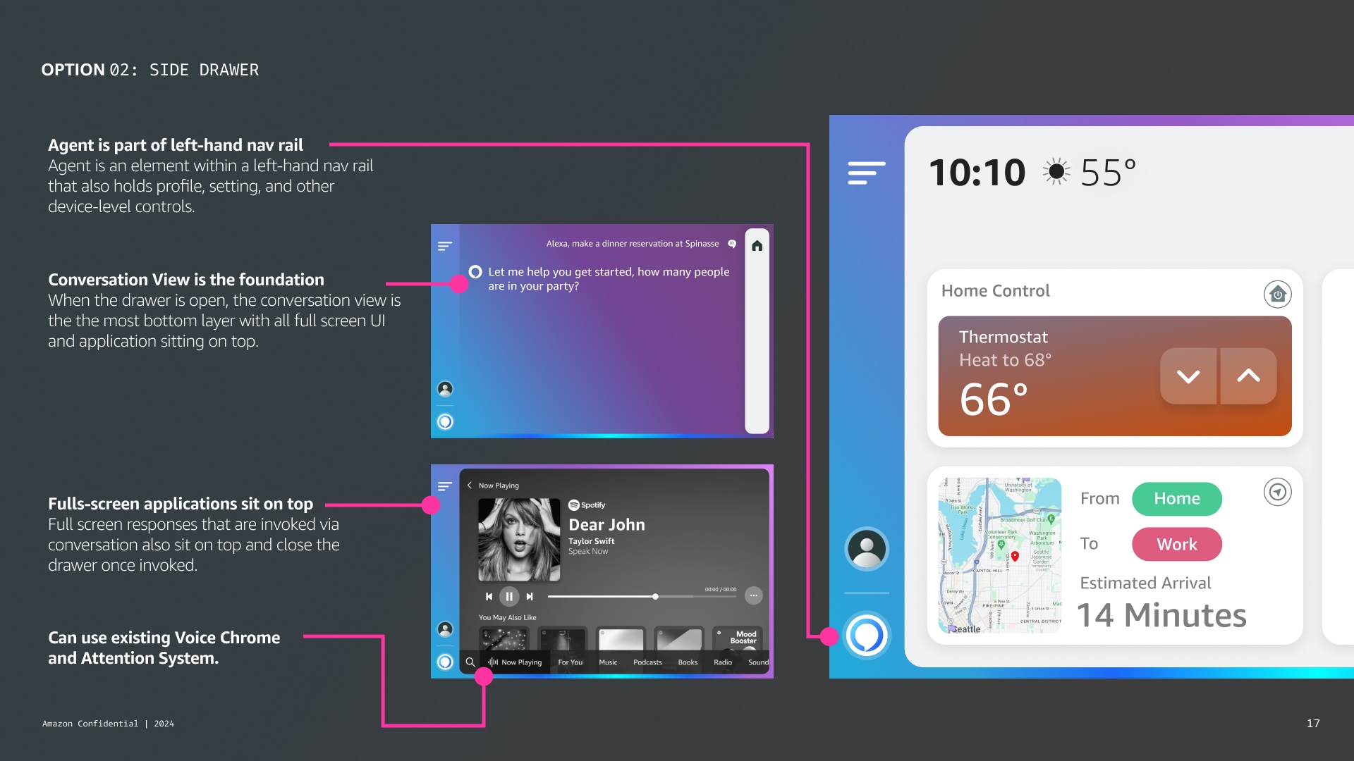 Alexa+ Option 02: Side Drawer concept with left-hand nav rail annotations