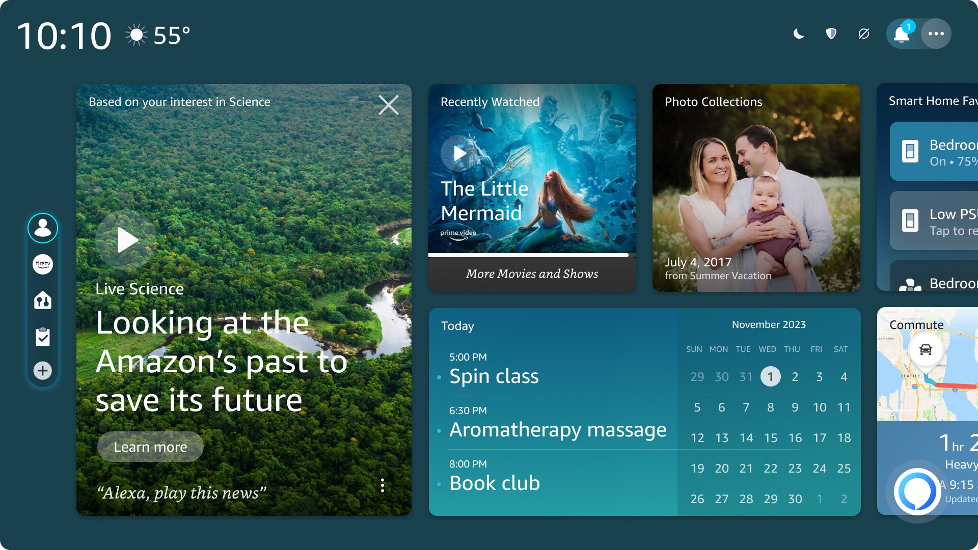 Alexa+ mid-fidelity tablet mockup showing widgets and content cards